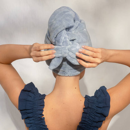 Plush Microfiber Hair Towel Turban with Bow - Coastal Blue