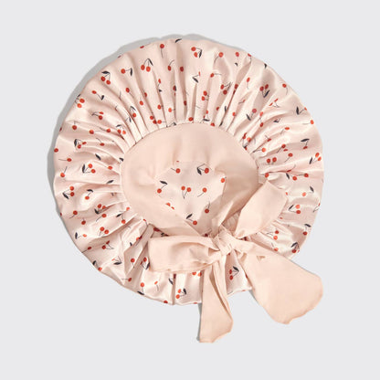 Adjustable Oversized Satin Bonnet - Cherry Print